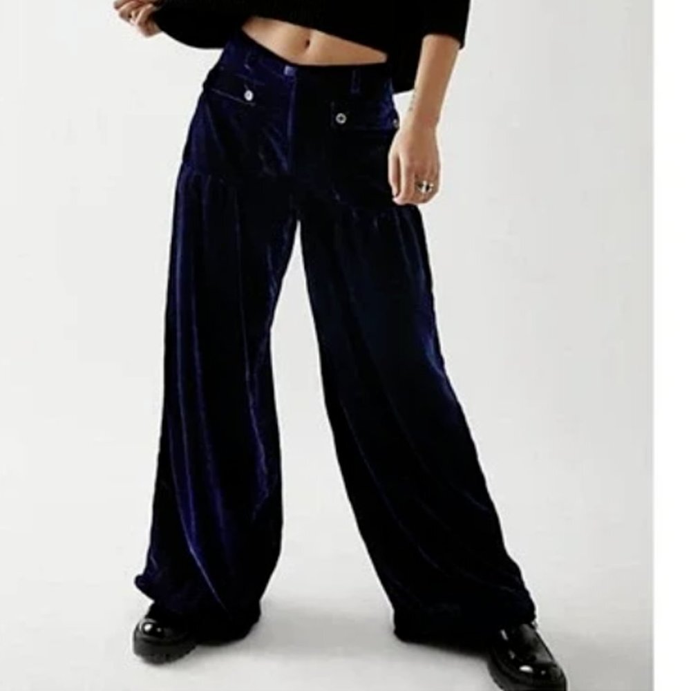 NWOT Free People Lotus Velvet Navy Blue Pants Bohemian Y2K Size 25